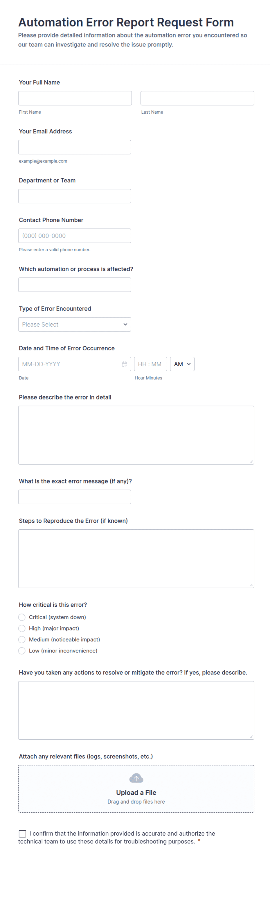 Printable Production Error Form Automation Error Report Request Form Template | Jotform