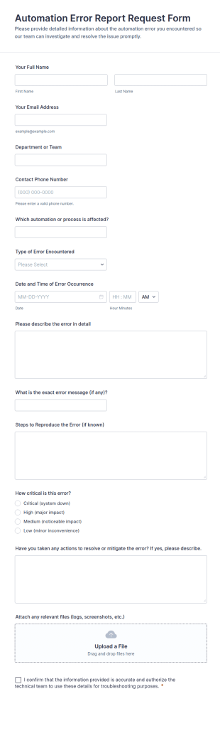 Automation Error Report Request Form Template