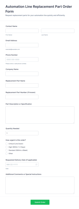 Automation Line Replacement Part Order Form Template