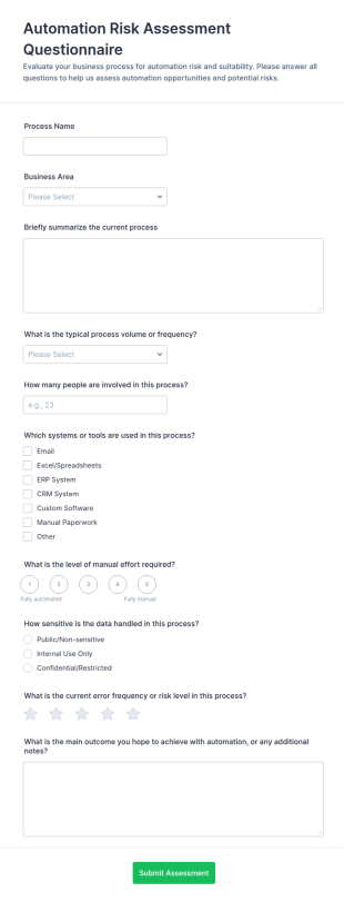 Automation Risk Assessment Questionnaire Form Template