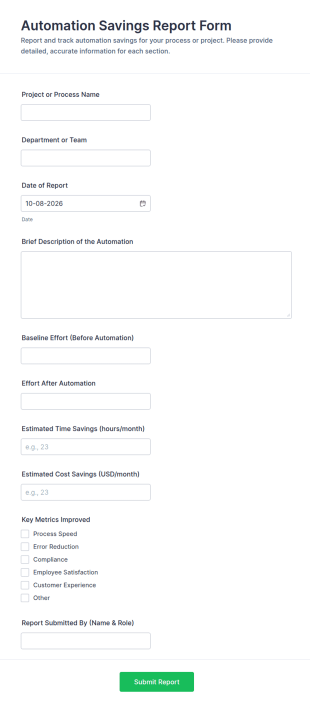 Automation Savings Report Form Template