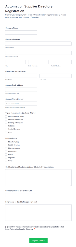 Automation Supplier Directory Registration Form Template