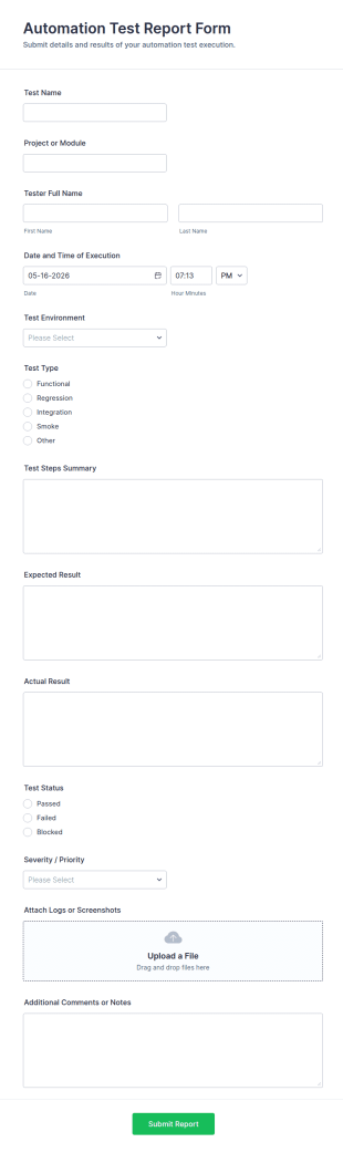 Automation Test Report Form Template