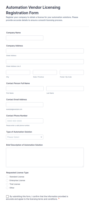 Automation Vendor Licensing Registration Form Template