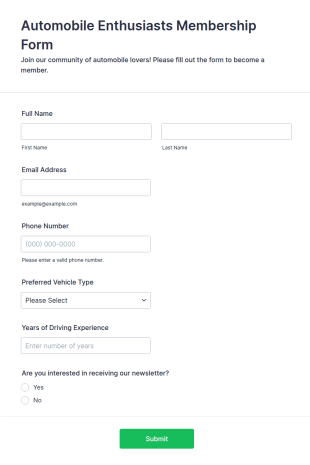 Automobile Enthusiasts Membership Form Template