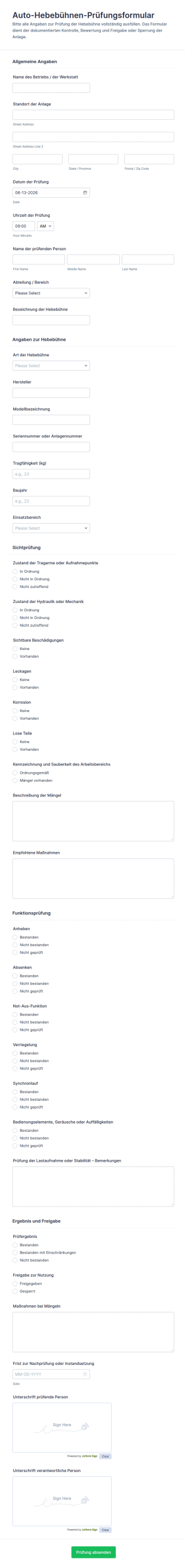 Automobilhebebühnen Inspektionsformular