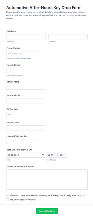 Automotive After Hours Key Drop Form Template