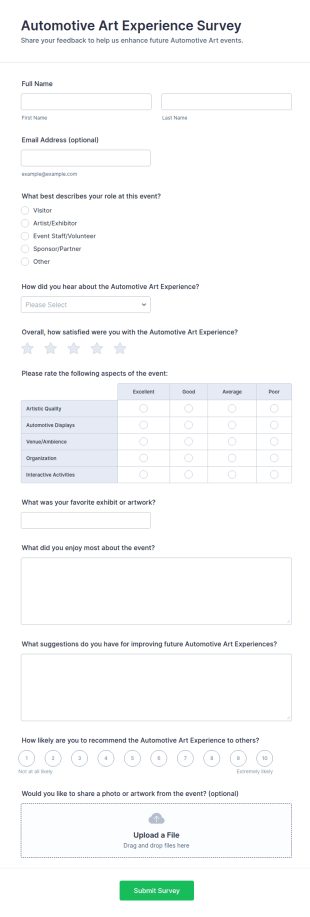 Automotive Art Experience Survey Form Template