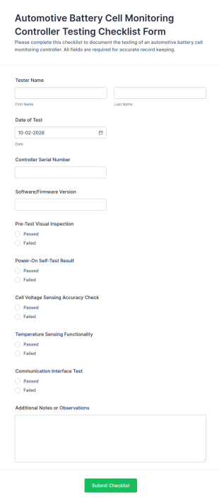 Automotive Battery Cell Monitoring Controller Testing Checklist Form Template