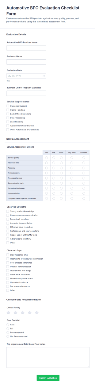 Automotive BPO Evaluation Checklist Form Template