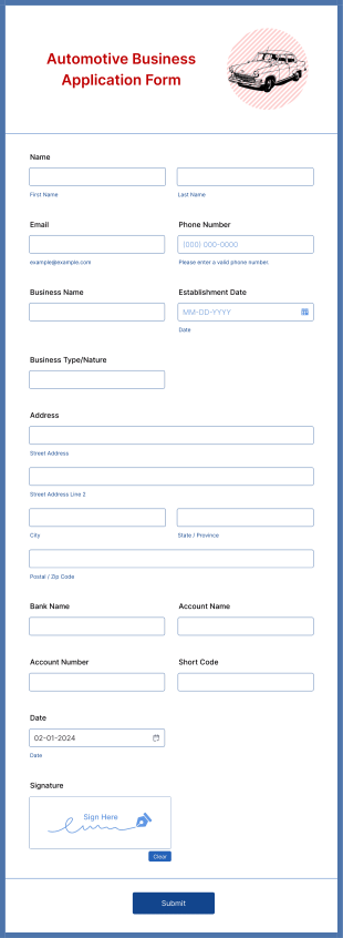 Automotive Business Application Form Template