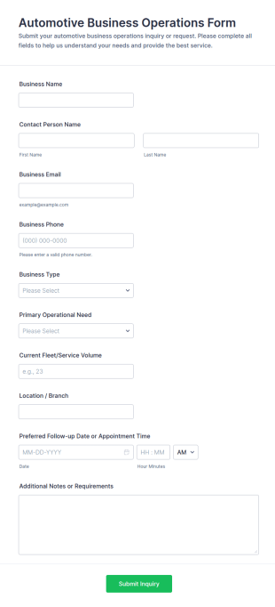 Automotive Business Operations Form Template
