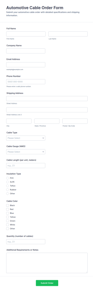 Automotive Cable Order Form Template