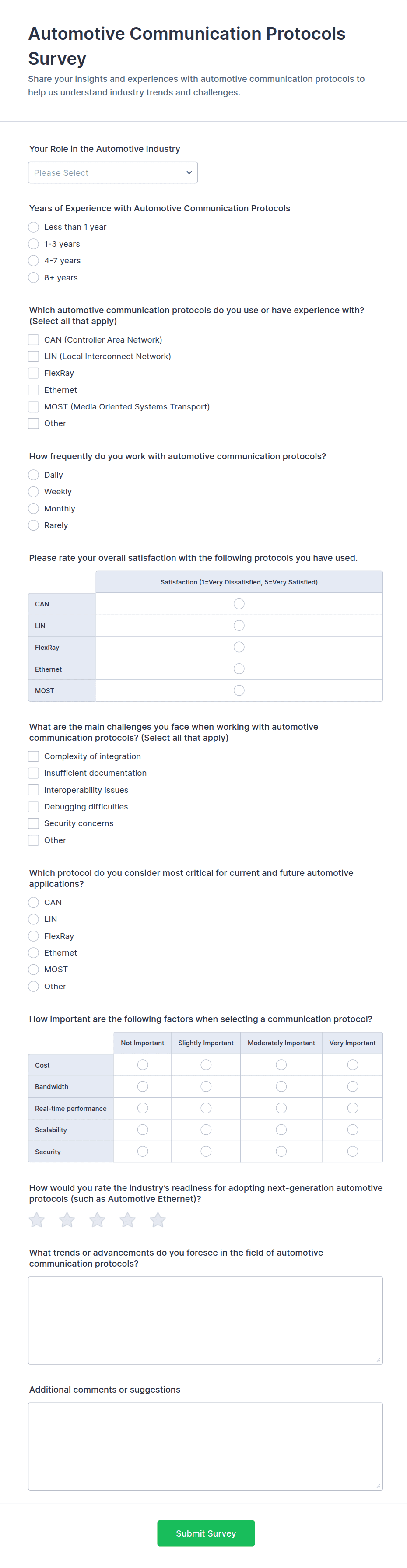 Automotive Communication Protocols Survey Form Template | Jotform