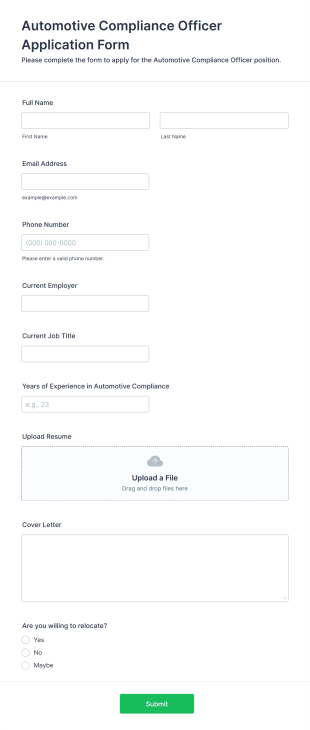 Automotive Compliance Officer Application Form Template