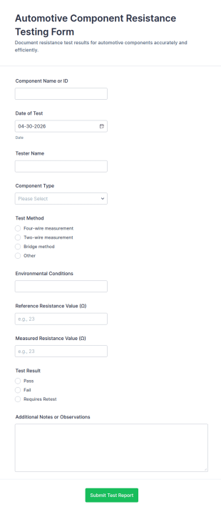 Automotive Component Resistance Testing Form Template
