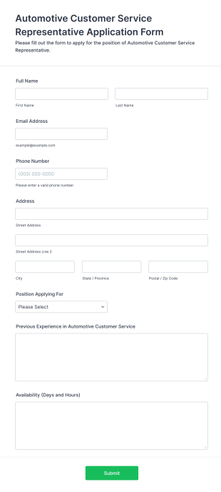 Automotive Customer Service Representative Application Form Template