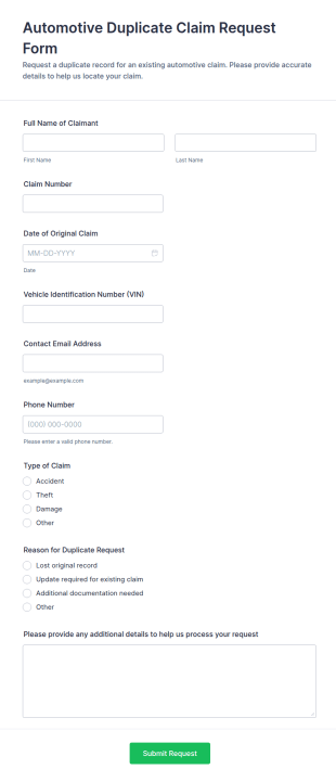 Automotive Duplicate Claim Request Form Template