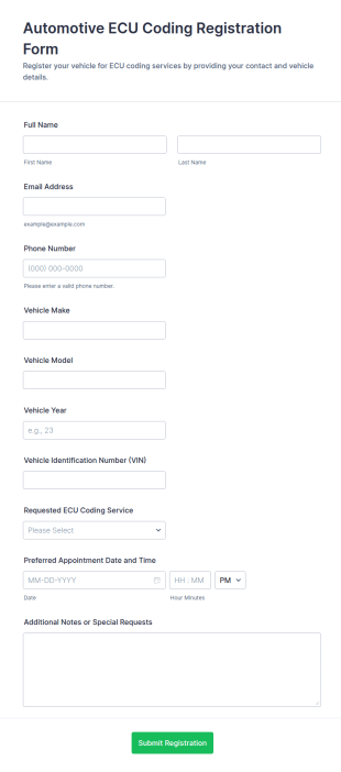 Automotive ECU Coding Registration Form Template
