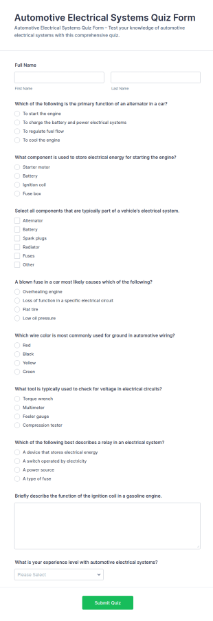 Automotive Electrical Systems Quiz Form Template