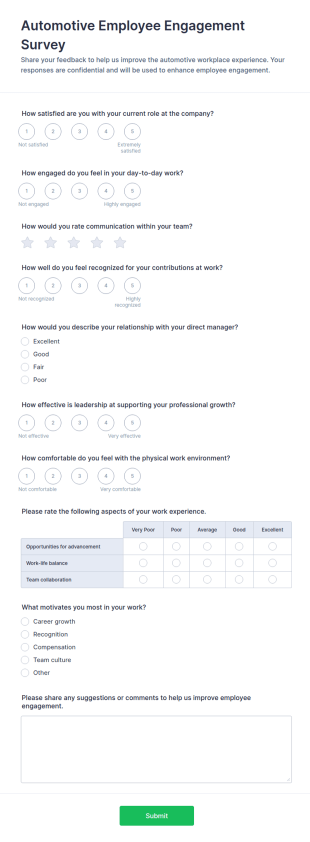 Automotive Employee Engagement Survey Form Template