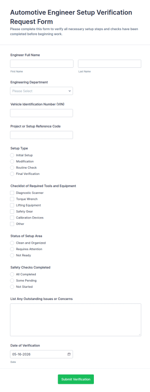 Automotive Engineer Setup Verification Form Template