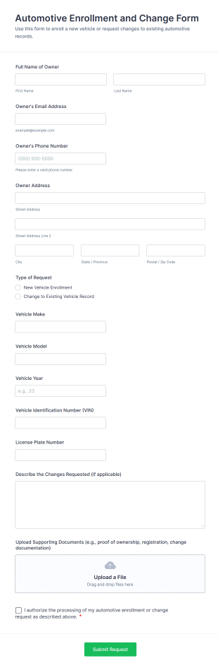 Automotive Enrollment And Change Form Template