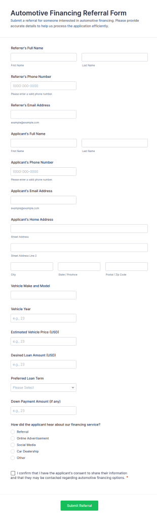 Automotive Financing Referral Form Template