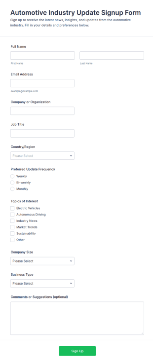 Automotive Industry Update Signup Form Template