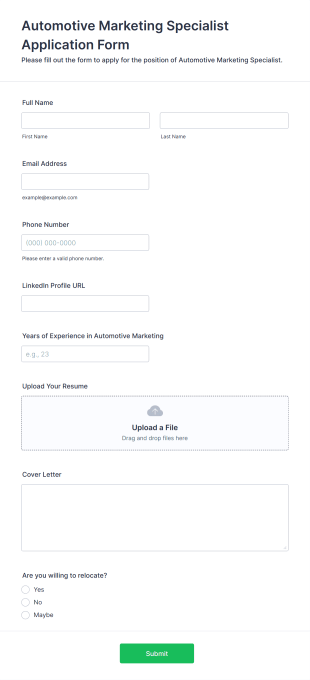 Automotive Marketing Specialist Application Form Form Template