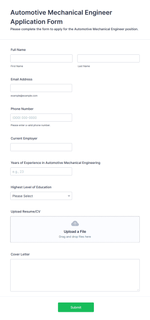 Automotive Mechanical Engineer Application Form Form Template