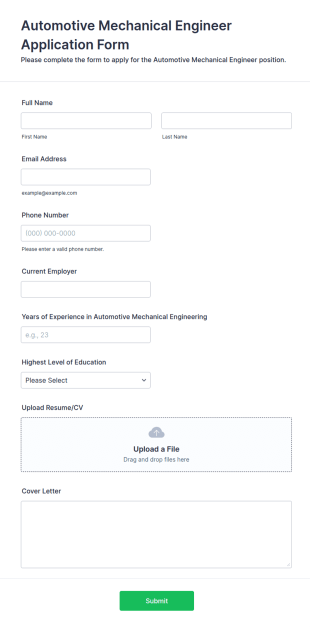 Automotive Mechanical Engineer Application Form Template