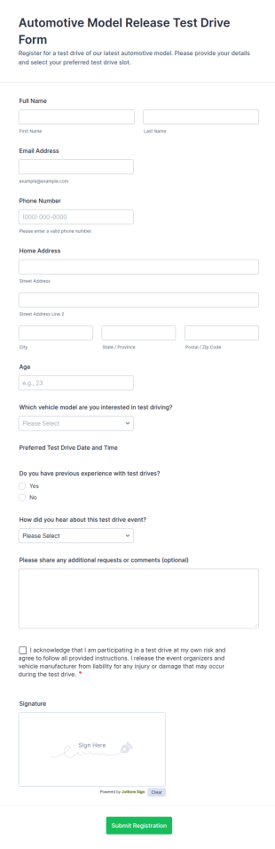 Automotive Model Release Test Drive Form Template
