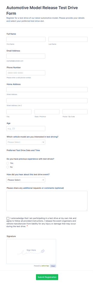Automotive Model Release Test Drive Form Template
