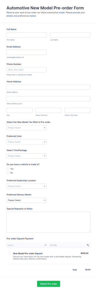 Automotive New Model Pre Order Form Template