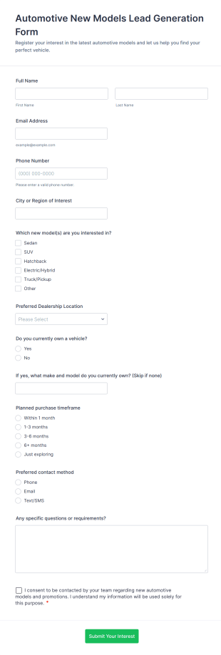 Automotive New Models Lead Generation Form Template