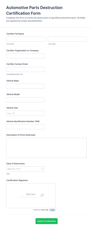 Automotive Parts Destruction Certification Form Template