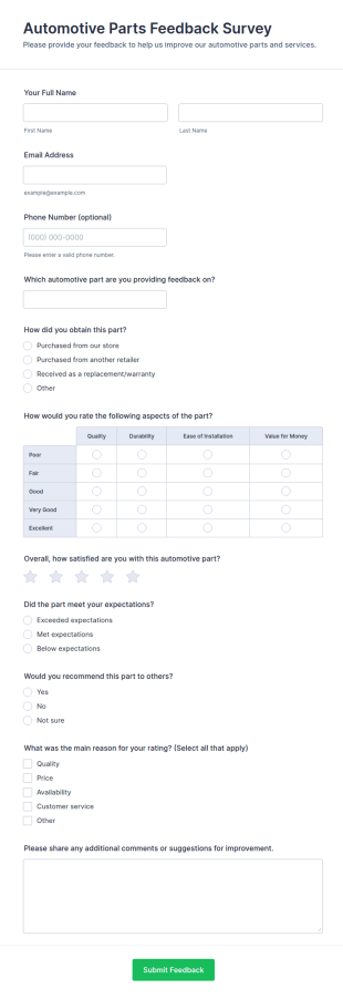 Automotive Parts Feedback Survey Form Template