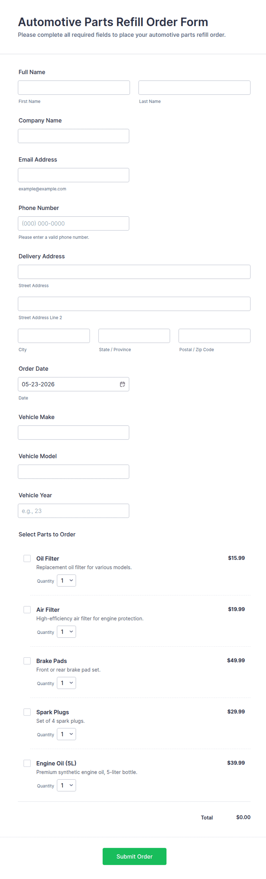 Automotive Parts Refill Order Form Template | Jotform