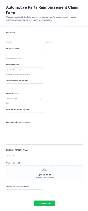 Automotive Parts Reimbursement Claim Form Template