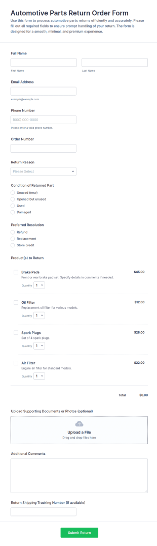 Automotive Parts Return Order Form Template