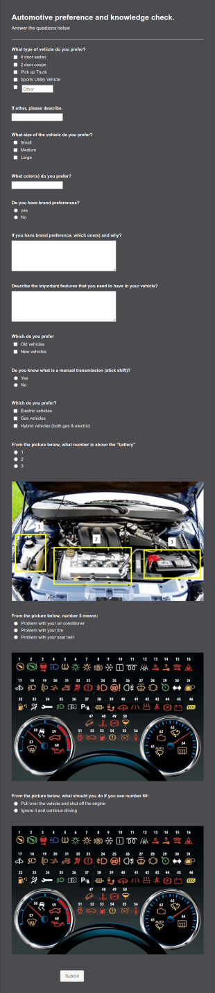 Automotive Preference And Knowledge Check Form Template