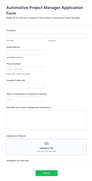 Automotive Project Manager Application Form Template