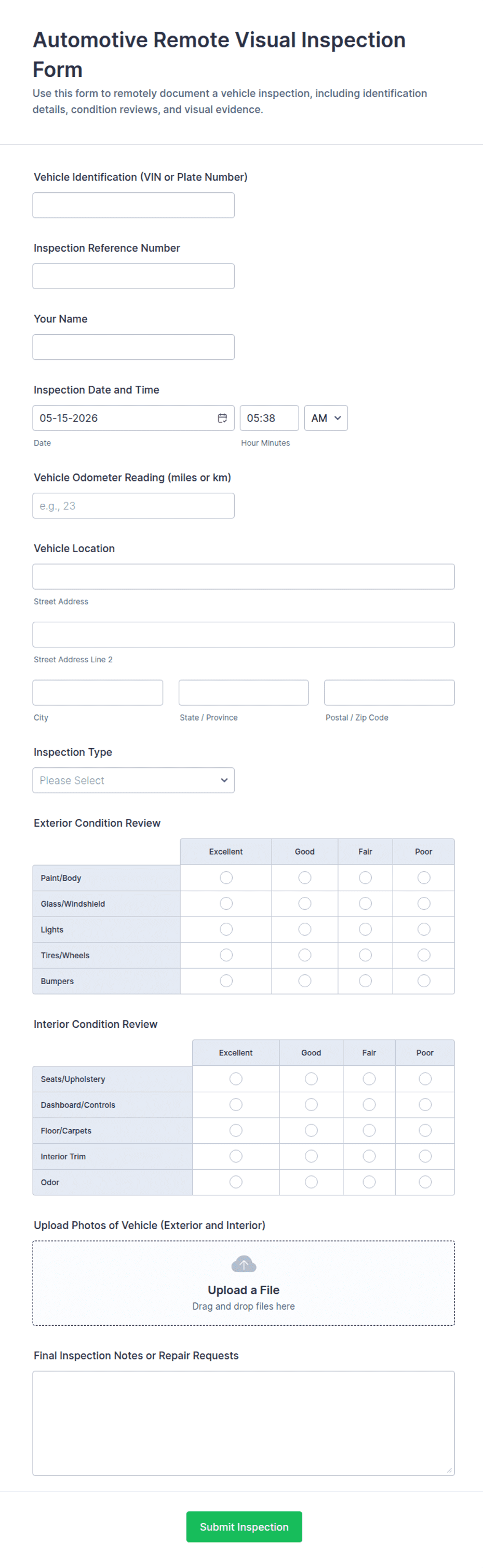 Automotive Remote Visual Inspection Form Template | Jotform