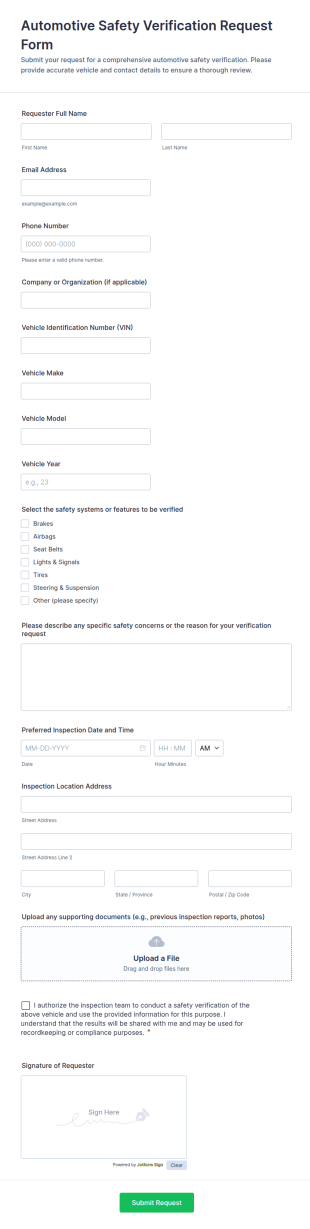 Automotive Safety Verification Request Form Template