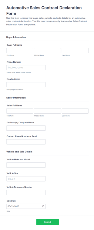 Automotive Sales Contract Declaration Form Template