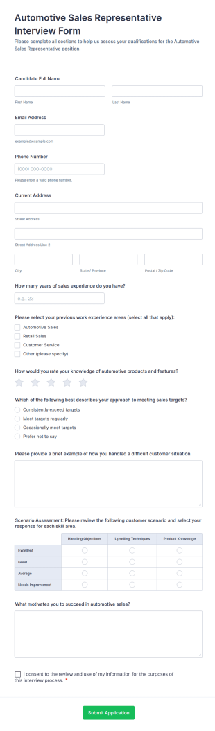 Automotive Sales Representative Interview Form Template