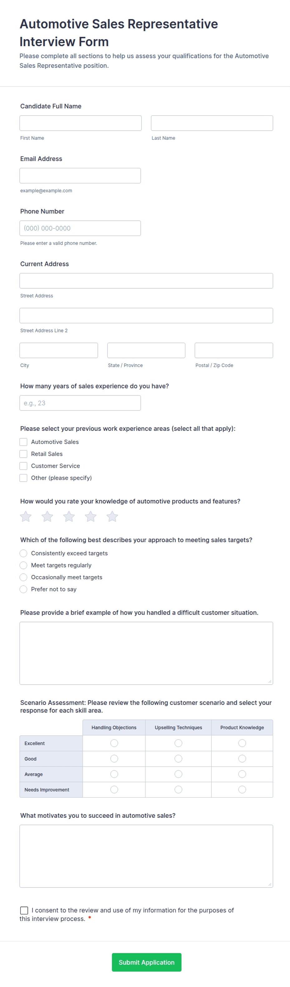 Automotive Sales Representative Interview Form Template | Jotform