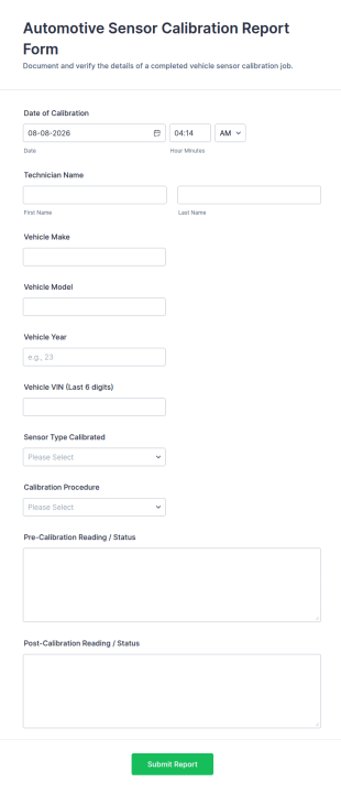 Automotive Sensor Calibration Report Form Template