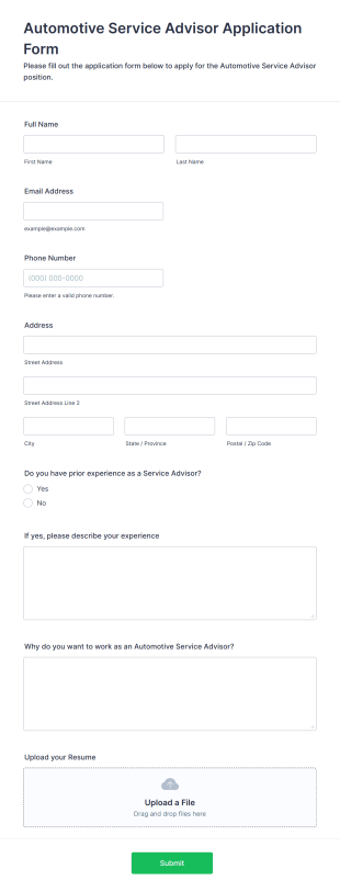 Automotive Service Advisor Application Form Form Template